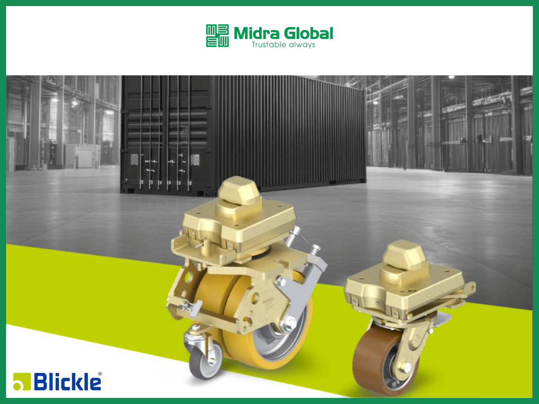 Cận cảnh bánh xe tải nặng Blickle với càng thép và cơ cấu khóa, dùng cho container và thiết bị lớn