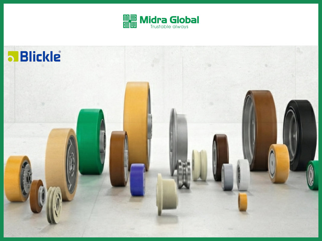 Các loại bánh xe dẫn động và con lăn polyurethane Blickle với nhiều kích thước khác nhau.