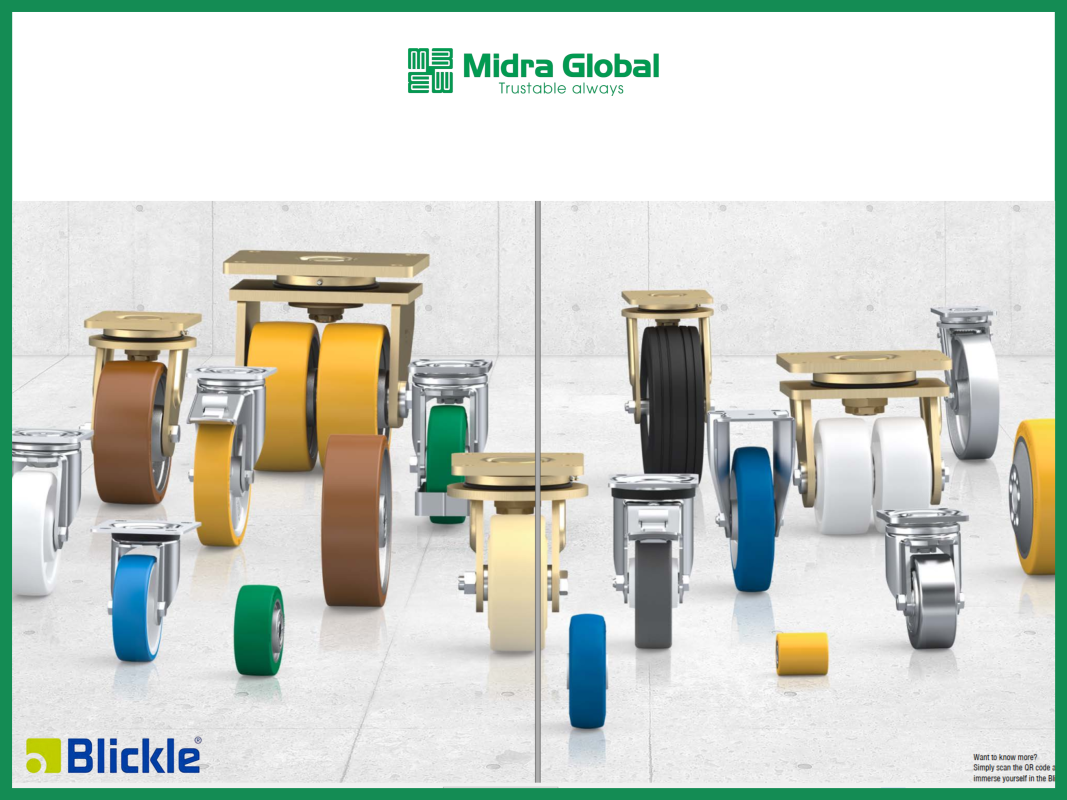 Các dòng bánh xe Blickle từ tải nhẹ đến tải nặng, trưng bày trên nền nhà xưởng