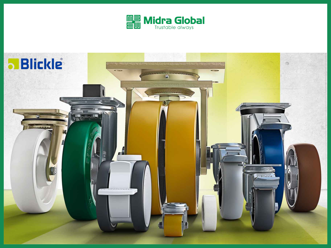 Dải sản phẩm bánh xe và càng bánh xe công nghiệp Blickle với nhiều kích thước và vật liệu khác nhau.