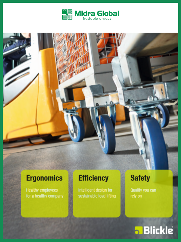 Bánh xe công nghiệp Blickle lắp trên xe đẩy trong nhà máy, tối ưu ergonomics, efficiency và safety cho vận chuyển nội bộ.