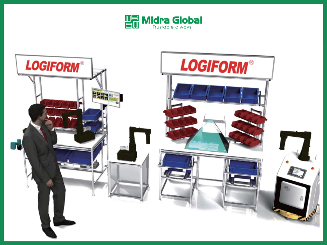 alt="Bàn thao tác Logiform tích hợp robot và AGV trong dây chuyền sản xuất thông minh của nhà máy"