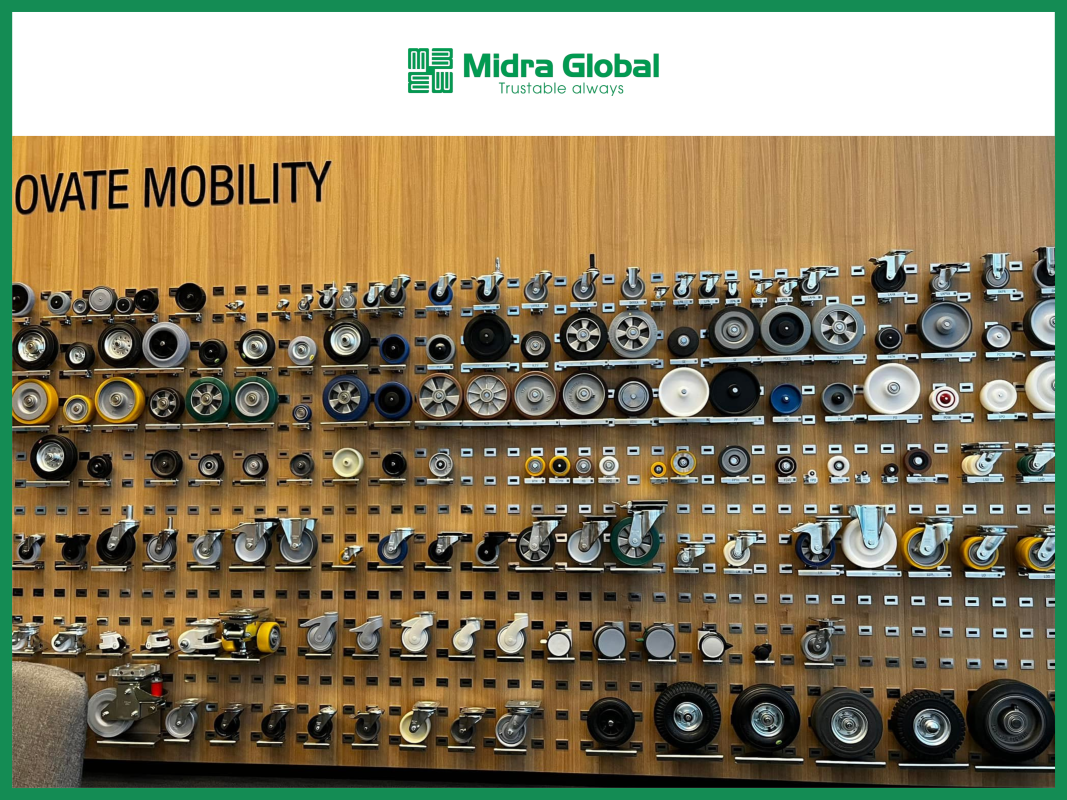 Tường trưng bày hàng trăm mẫu bánh xe và càng bánh xe Blickle tại showroom đối tác